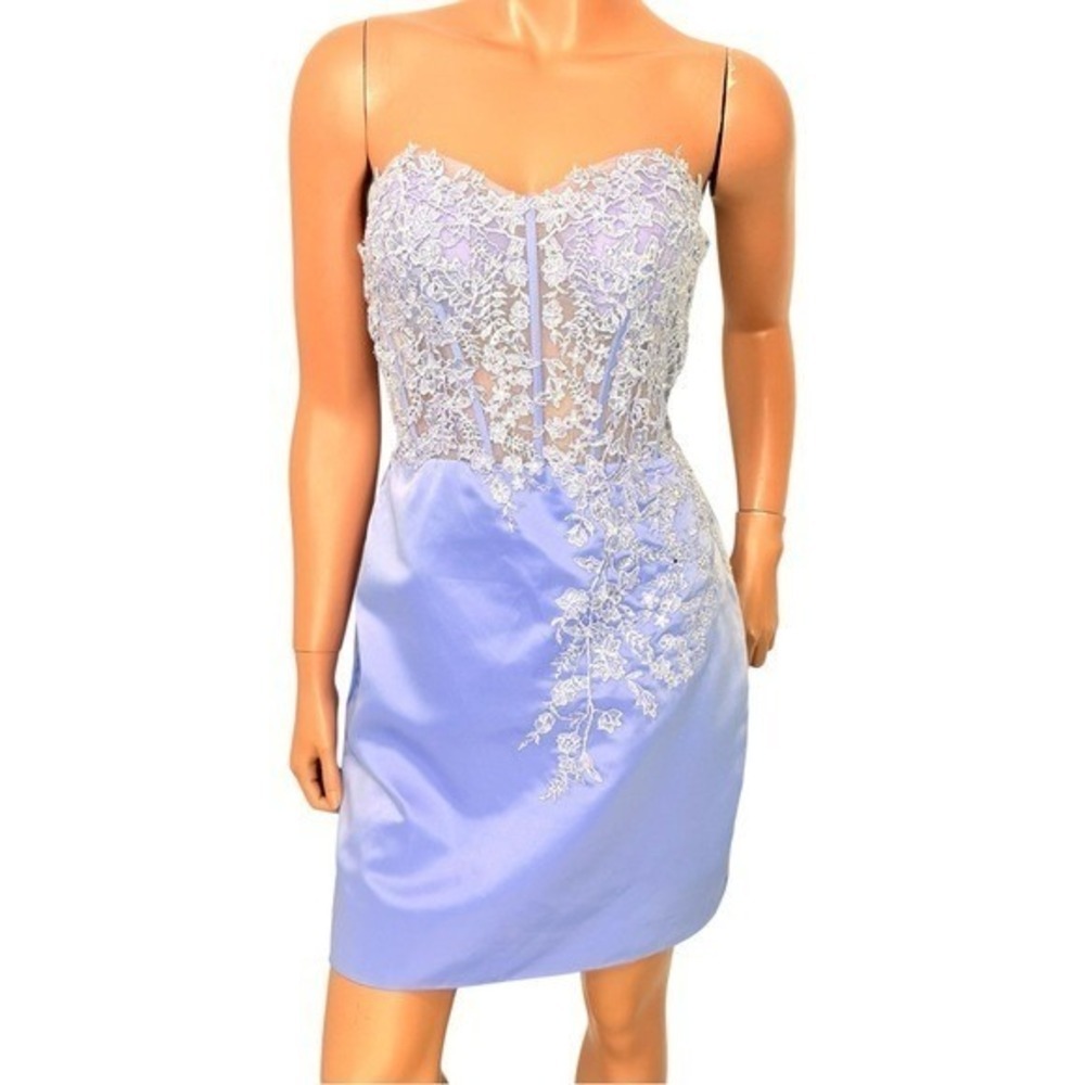 Y2K Satin Corset Mini Dress Sz.4-6 Fairy Mesh Lace Rhinestone Wimsigoth 90s - Picture 15 of 15